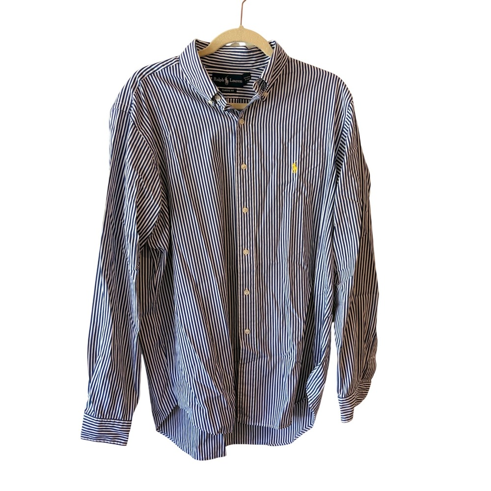 Ralph Lauren Classic Fit Mens Shirt 16.5 L Blue White Stripe Yellow Pony BD129
